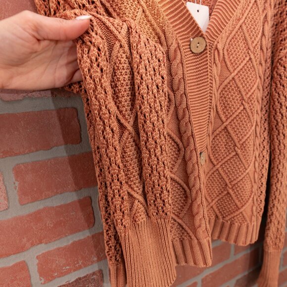 Brick Red Cable Knit Cardigan Sweater - Size Small - Picture 9 of 13